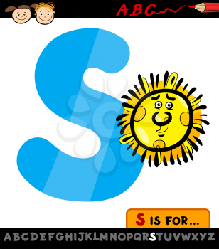Cartoon Illustration of Capital Letter S from Alphabet with Sun for Children Education