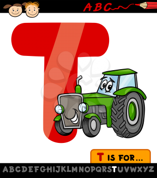 Cartoon Illustration of Capital Letter T from Alphabet with Tractor for Children Education