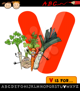 Cartoon Illustration of Capital Letter V from Alphabet with Vegetables for Children Education