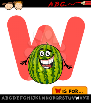 Cartoon Illustration of Capital Letter W from Alphabet with Watermelon for Children Education