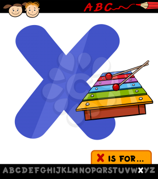 Cartoon Illustration of Capital Letter X from Alphabet with Xylophone for Children Education