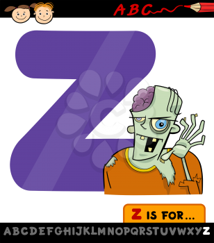 Cartoon Illustration of Capital Letter Z from Alphabet with Zombie for Children Education