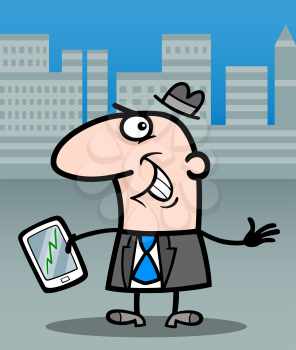 Cartoon Illustration of Happy Man or Businessman with Stock Market Chart on his Tablet Pc