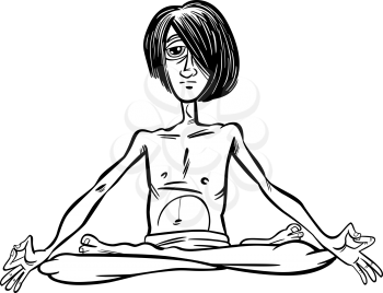 Black and White Cartoon Illustration of Young Man Practicing Yoga Meditation in Lotus Position or Asana