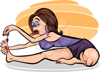 Cartoon Humor Illustration of Woman Practicing Yoga Position or Asana and Painting her Nails