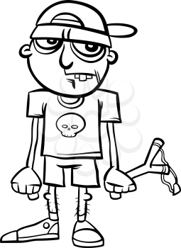 Black and White Cartoon Illustration of Spooky Halloween Ugly Zombie Kid for Coloring Book