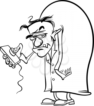 Black and White Cartoon Illustration of Spooky Halloween Evil Scientist Character for Coloring Book