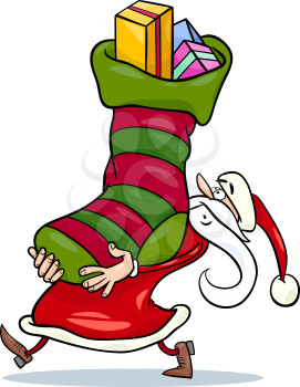 Cartoon Illustration of Funny Santa Claus Character with Big Sock Full of Christmas Presents and Gifts