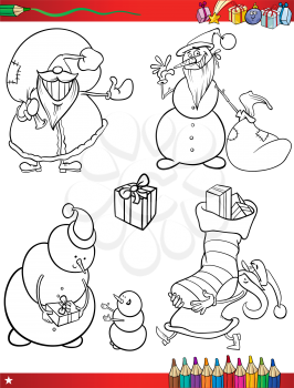 Coloring Book or Page Cartoon Illustration of Black and White Christmas Themes Set with Santa Claus or Papa Noel and Xmas Presents and Decorations for Children