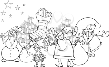 Black and White Cartoon Illustration of Santa Claus Group with Presents and Snowman and other Christmas Characters for Coloring Book