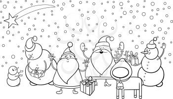 Black and White Cartoon Illustration of Santa Claus Characters Group with Snowman and Reindeer for Coloring Book