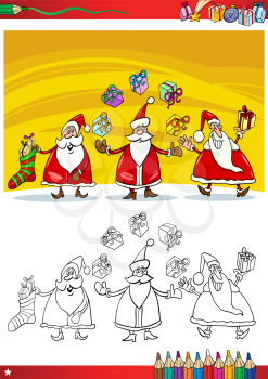Coloring Book or Page Cartoon Illustration of Themes Set with Santa Claus Group with Christmas Presents and Decorations for Children