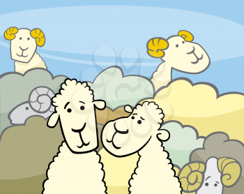 Royalty Free Clipart Image of a Cartoon Flock of Sheep