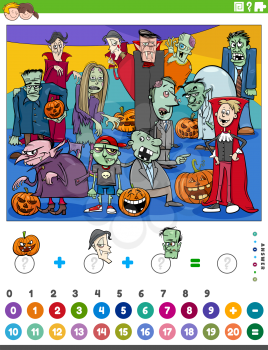 Cartoon illustration of educational mathematical counting and addition game for children with scary Halloween characters