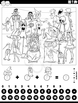 Black and white cartoon illustration of educational mathematical counting and addition game for children with spooky Halloween characters coloring book page