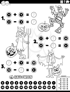 Black and white cartoon illustration of educational mathematical addition and subtraction puzzle task with children characters on Halloween time coloring book page