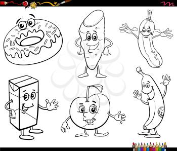 Black and white cartoon illustration of funny food objects characters set coloring book page