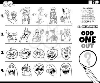 Black and white cartoon illustration of odd one out picture in a row educational game for elementary age or preschool children with spooky Halloween holiday characters coloring book page