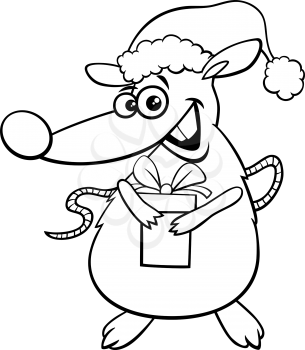 Black and white cartoon illustration of rat animal character with present on Christmas time coloring book page