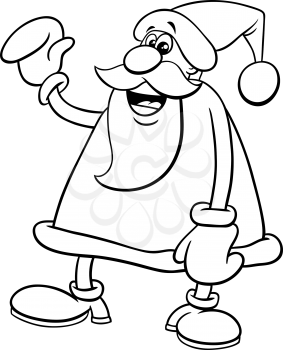Black and white cartoon illustration of happy Santa Claus character on Christmas time coloring book page