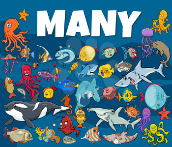 Cartoon illustration of many fish and sea life animal characters group