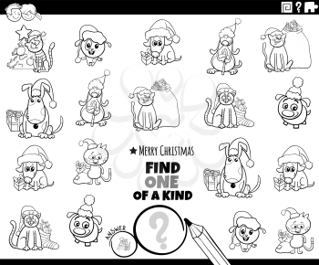 Black and white cartoon illustration of find one of a kind picture educational game with pets characters on Christmas time coloring book page
