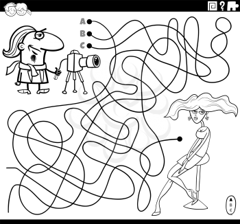 Black and white cartoon illustration of lines maze puzzle game with photographer character and model girl coloring book page