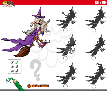 Cartoon illustration of finding the shadow without differences educational game for children with witch on broom Halloween character