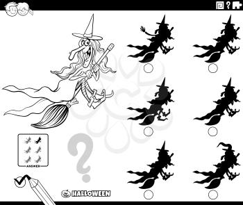 Black and white cartoon illustration of finding the shadow without differences educational game for children with witch on broom Halloween character coloring book page