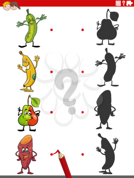 Cartoon illustration of match the right shadows with pictures educational game with fruit and vegetable characters