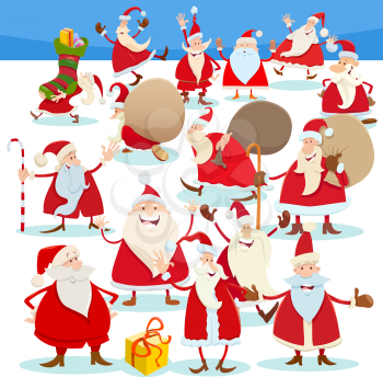 Cartoon illustration of Santa Claus characters on Christmas holidays time