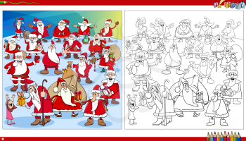 Cartoon illustration of Santa Claus characters group on Christmas time coloring book page