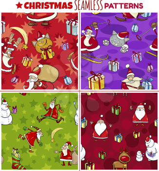 cartoon illustration of seamless patterns set with Santa Claus and Christmas characters for wrapper or paper pack