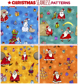 Seamless patterns set with cartoon Santa Claus and Christmas characters for wrapper or paper pack