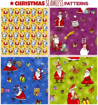 Seamless patterns set with cartoon Christmas characters for wrapper or paper pack