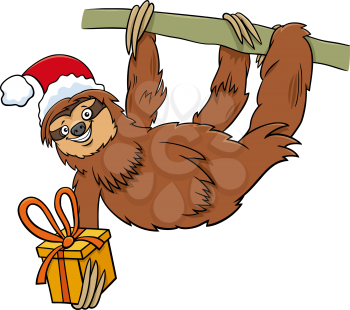 Cartoon illustration of sloth animal character with present on Christmas time