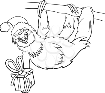 Black and white cartoon illustration of sloth animal character with present on Christmas time coloring book page