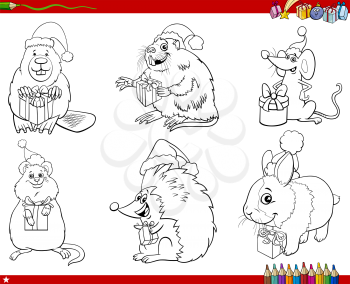 Black and white cartoon illustration of animal characters on Christmas time set coloring book page