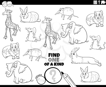 Black and white cartoon illustration of find one of a kind picture educational task with comic animal characters coloring book page