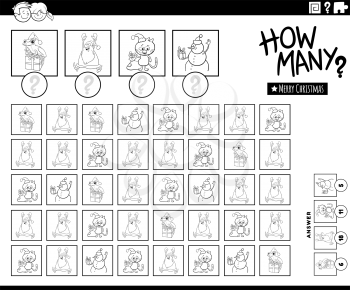 Black and white illustration of educational counting game for children with cartoon Christmas characters coloring book page