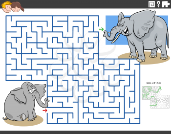 Cartoon illustration of educational maze puzzle game for children with baby elephant and mom