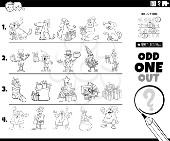 Black and white cartoon illustration of odd one out picture in a row educational game for children with Christmas holiday characters and objects coloring book page