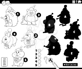 Black and white cartoon illustration of finding the right shadows to the pictures educational game for children with animal characters on Christmas time coloring book page