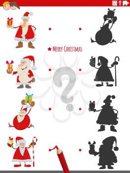 Cartoon illustration of match the right shadows with pictures educational game with Santa Claus characters with presents on Christmas time