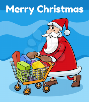 Cartoon design or greeting card illustration with cartoon Santa Claus character pushing shopping cart with present on Christmas time