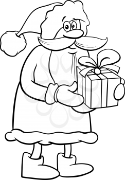 Black and white cartoon illustration of happy Santa Claus character with present on Christmas time coloring book page