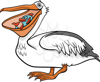 Cartoon illustration of funny pelican bird animal character with fish