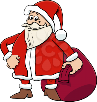 Cartoon illustration of funny Santa Claus character with sack of Christmas presents