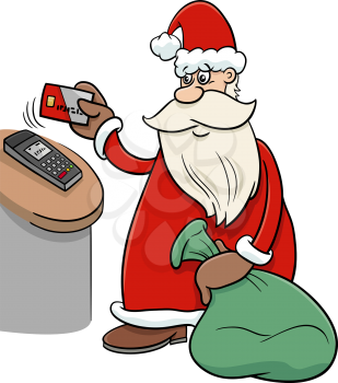 Cartoon illustration of Santa Claus character paying for Christmas presents with credit card