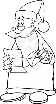 Black and white cartoon illustration of Santa Claus character reading a letter on Christmas time coloring book page